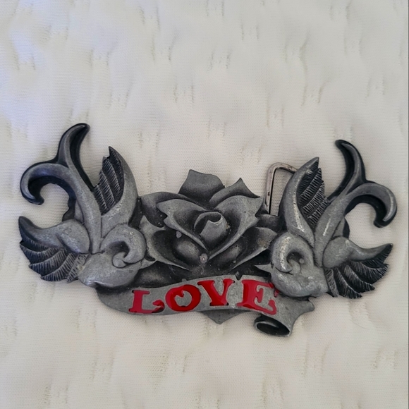 Metal belt buckle with a rose and sparrows - Picture 1 of 6